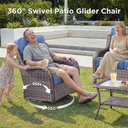 Luxury Patio Furniture Set with Fire Pit Table-4 Pieces High Back Wicker Swivel Rocker Chairs with 6" Extra Thick Cushions, Outdoor Patio Conversation Sets for Garden Deck(Brown/Blue)5