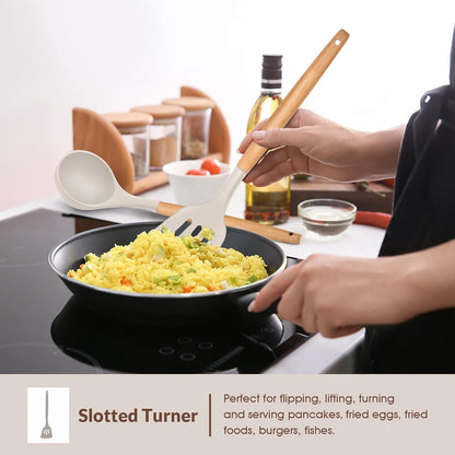 Cooking Utensils Set of 6, Silicone Kitchen Utensils with Wooden Handle, Non-Stick Cookware Friendly & Heat Resistant, Includes Spatula/Ladle/Slotted Turner/Serving Spoon/Spaghetti Server(Khaki)4