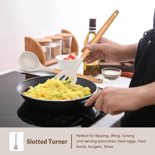 Cooking Utensils Set of 6, Silicone Kitchen Utensils with Wooden Handle, Non-Stick Cookware Friendly & Heat Resistant, Includes Spatula/Ladle/Slotted Turner/Serving Spoon/Spaghetti Server(Khaki)4