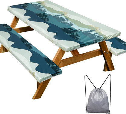 Picnic Table Cover Bench Covers Camping Essentials Tablecloth | Waterproof Vinyl for Outdoor, Windproof Elastic Fitted Edges, RV BBQ Accessories Must Haves, Storage Bag Included1