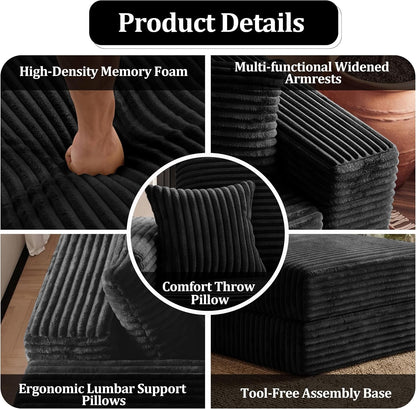 75'' L-Shaped Cloud Modular Sectional Couch with Chaise, Modern Corduroy Memory Foam Sofa Bed, Upholstered Boneless Deep Seat Fluffy Sleeper Sofa, for Living Room, No Assembly Needed (Black)6