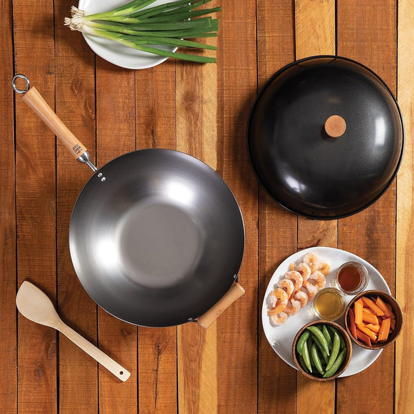 JOYCE CHEN Classic Series 14-Inch Uncoated Carbon Steel Wok Set with Lid and Birch Handles, 4 Pieces2