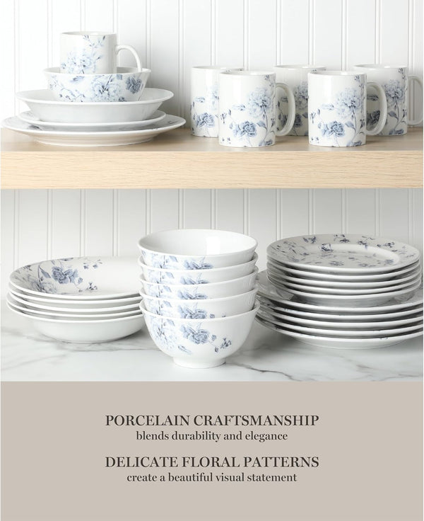 Empress Bouquet 30 Piece Decorated Porcelain Chip and Scratch Resistant Dinnerware Plates and Bowls Set - Blue Floral4