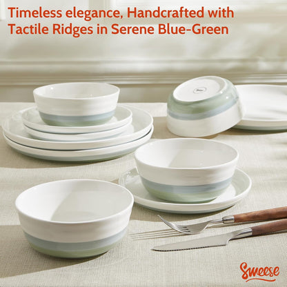 Plates and Bowls Sets,18 Pieces Modern Porcelain Dinnerware Set for 6 Handcrafted Uniqe Dinner Set Ceramic Dishware Dishes Microwave and Dishwasher Safe, Blue & Green5