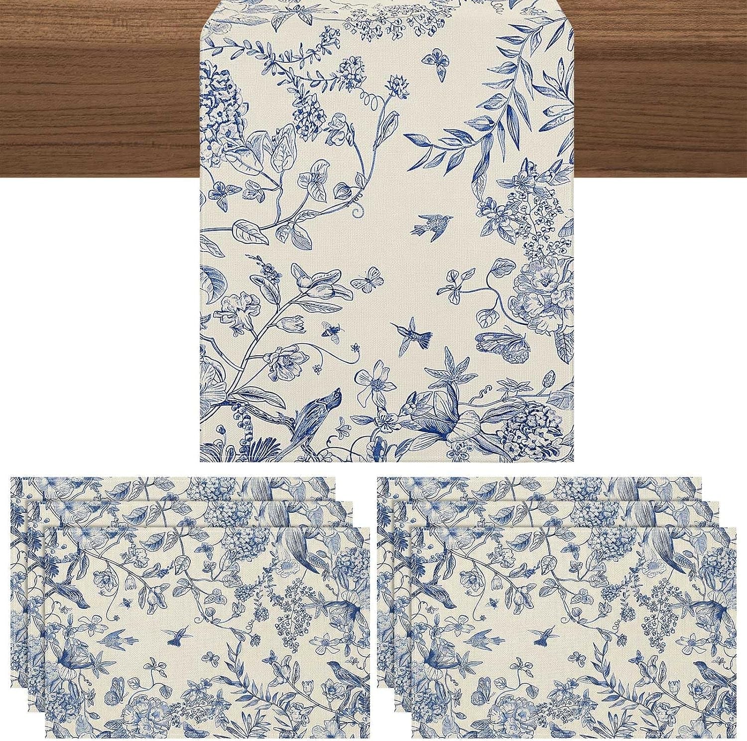 blue-floral-summer-table-runner-and-placemats-set-of-7-12-x-18-blue-and-white-chinoiserie-place-mats-13-x-72-flower-table-runner-for-holiday-baby-shower-party-kitchen-dining-decoration