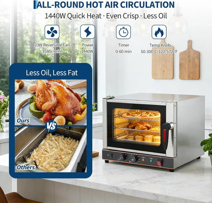 Compact 22L Commercial Countertop Convection Toaster Oven – 3-Tier Air Fryer, 1440W, Adjustable Temp 30°C-300°C, Half-Size, Stainless Steel, with Trays & Wire Racks, Kitchen Appliance,3