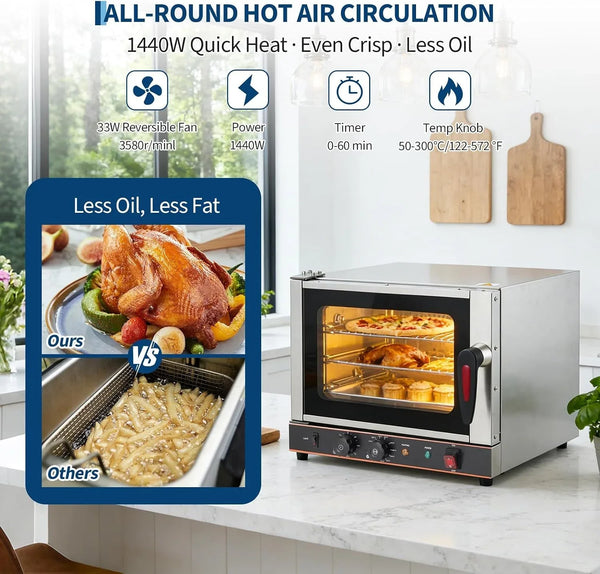 Compact 22L Commercial Countertop Convection Toaster Oven – 3-Tier Air Fryer, 1440W, Adjustable Temp 30°C-300°C, Half-Size, Stainless Steel, with Trays & Wire Racks, Kitchen Appliance,3