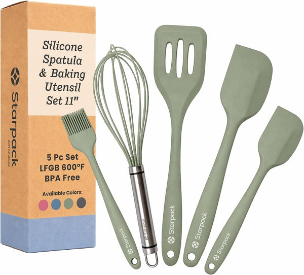 Starpack Flip and Whip Silicone Baking Utensils Set (5-Piece) - LFGB Non Toxic, 600°F Heat Resistant, Bpa-Free - Whisk and Rubber Spatula Set with Pastry Brush - Dishwasher Safe, Nonstick Sage Green1