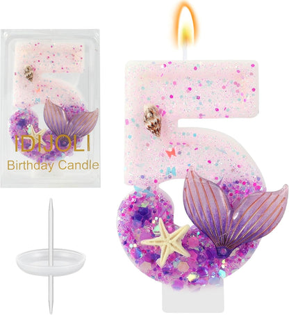 Purple Number 5 Candles Mermaid Birthday Candle 5Th Birthday Cake Topper Cupcake Decorations for Girls and Women Party Decor Anniversary Celebrations Supplies Favors1