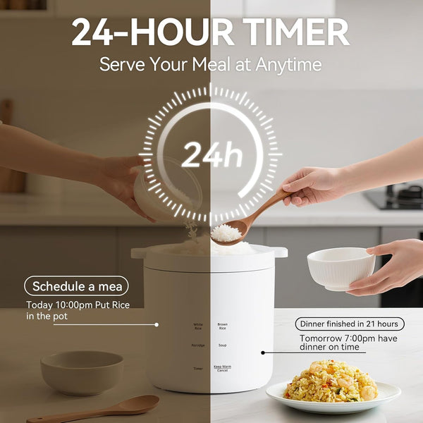 Mini Rice Cooker 2 Cup Uncooked, Small Electric Cooker, with 4 Cooking Functions, 24 Hour Preset and Heat Preservation, anti Scald Carry Handle | Portable Rice Maker with 4 Cooking Functions, Nonstick Ceramic Coating, 24 Hour Preset, Auto Keep Warm for 1-2 People5
