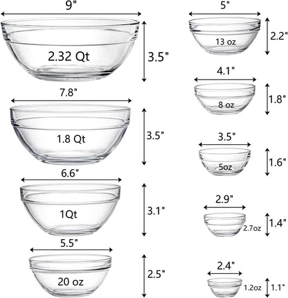 Set of 9 Glass Mixing Bowls - Glass Nesting Bowls Prep Bowl Clear Salad Bowls for Kitchen Prep Salad, Cereal, Ice Cream, Pasta, Fruits2
