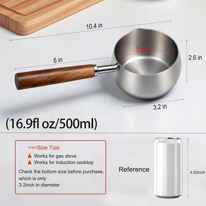 17Fl Oz (500Ml) Stainless Steel Mini Pot Butter Warmer, Milk and Coffee Heater, Seafood Butter Warmer, Chocolate Melting,With Pour Spout and Wooden Handle,Induction Cooker Available2