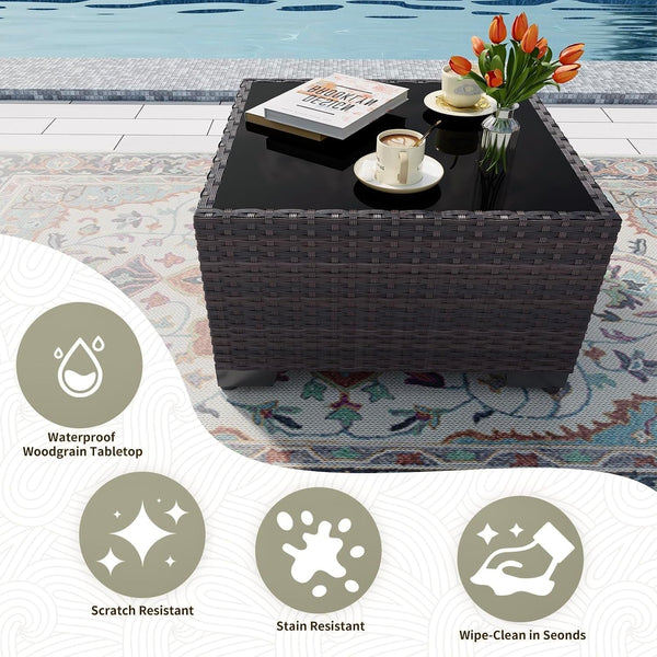 7 Pieces Patio Furniture Set with 55000BTU Fire Pit Table, Wicker Patio Set with Wide Armrests 29.5'' High Backrest Thick Cushions 1 Coffee Table, Outdoor Furniture for Porch Deck Khaki7