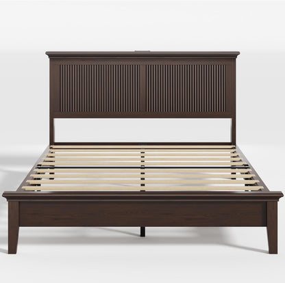 Wood Queen Bed, Solid Wood Bed with Tall Headboard, American Vintage Design, Queen Bed with Charging Station & RGB LED, Wood Slats Support, Noise-Free, Sturdy Structure, Easy Assembly, Walnut4