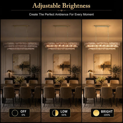 55-Inch 3-Tier Rectangular Smoke Glass Chandelier, 8-Light Solid Brass8