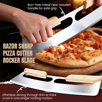 Pizza Cutter Rocker Blade with Wooden Handle, Premium 14Inch Pizza Knife Rocker Cutter with Sharp Stainless Steel Blade and Protective Cover, Slicing through Crust in One Single Rocking Motion4