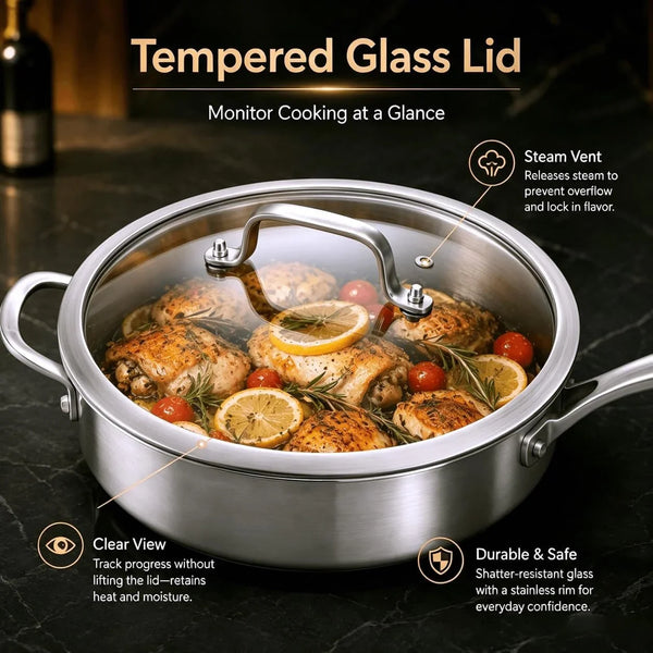Tri-Ply Stainless Steel Frying Pan,12 Inch Skillet with Lid,6 Quart Saute Pan,Compatible with All Cooktops,Oven up to 660℉,Chicken Fryer,Dishwasher-Friendly9