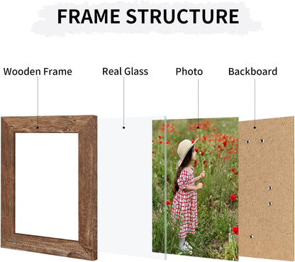 5X7 Collage Picture Frames Set of 2, Rustic Wooden Real Glass Vertical Hanging 3 Opening 5 by 7 Photo Frame, Rustic Brown3