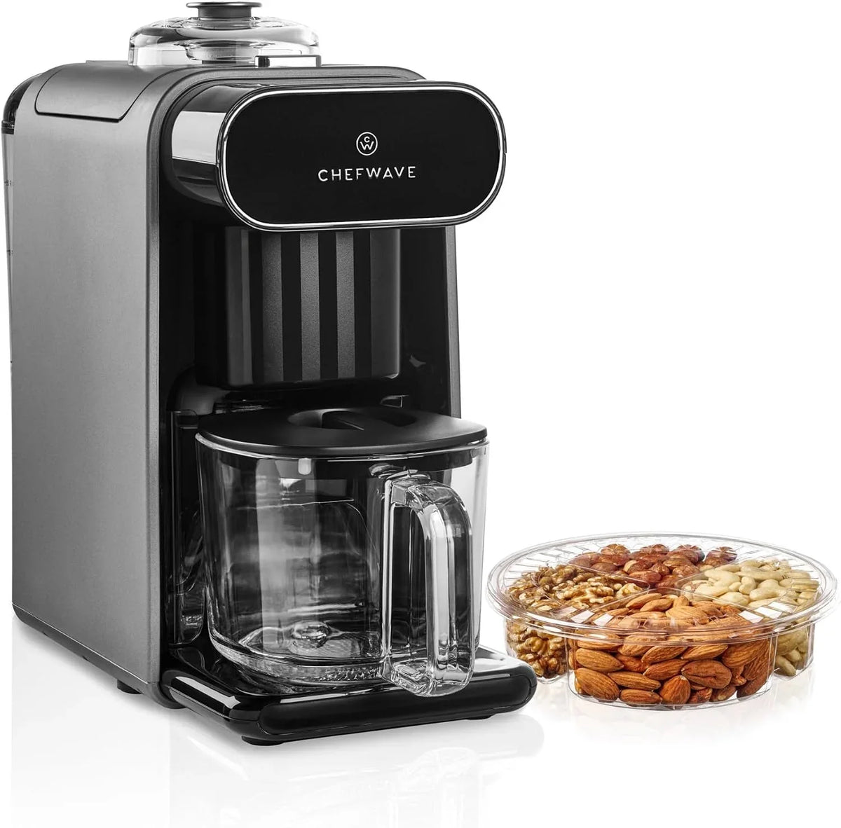 milkmade-soy-milk-maker-6-in-1-vegan-plant-based-milk-machine-with-auto-clean-and-delay-start-almond-oat-soy-cashew-coconut-macadamia-milk-maker-with-nut-platter-silver-black-self-cleaning-cycle-delay-start-glass-pitcher