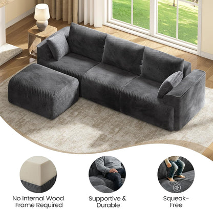 108" Cloud Couch Sectional for Living Room, L Shaped Convertible Sofa Set with 2 Pillows and 3 Cushions Back, Corduroy Modular Boneless Couch with Ottoman, Dark Grey6