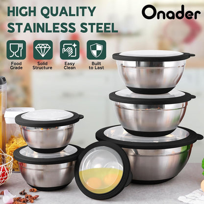 Mixing Bowls with Lids Set of 6 for Kitchen, Stainless Steel Metal Nesting Bowls with Non-Slip Bottom Black - Size 1, 1.5, 2, 2.6, 3.5, 7QT5