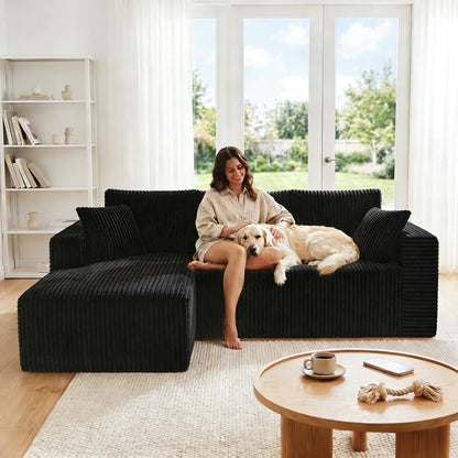 92.5" Modular Sectional Sofa, L-Shaped Cloud Couch with Deep Seats and Chaise, Upholstered Corduroy Boneless Couch for Living Room Small Space, No Need Assembly - Black(Left Facing Chaise)3