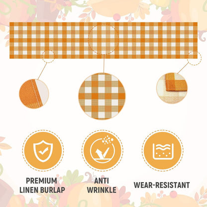 Fall Table Runner 72 X 13 Inch Thanksgiving Decorations,Linen Burlap Orange Buffalo Check Plaid Table Cover for Autumn Thanksgiving Day, Seasonal Farmhouse Table Decor for Kitchen Dining Fireplace3