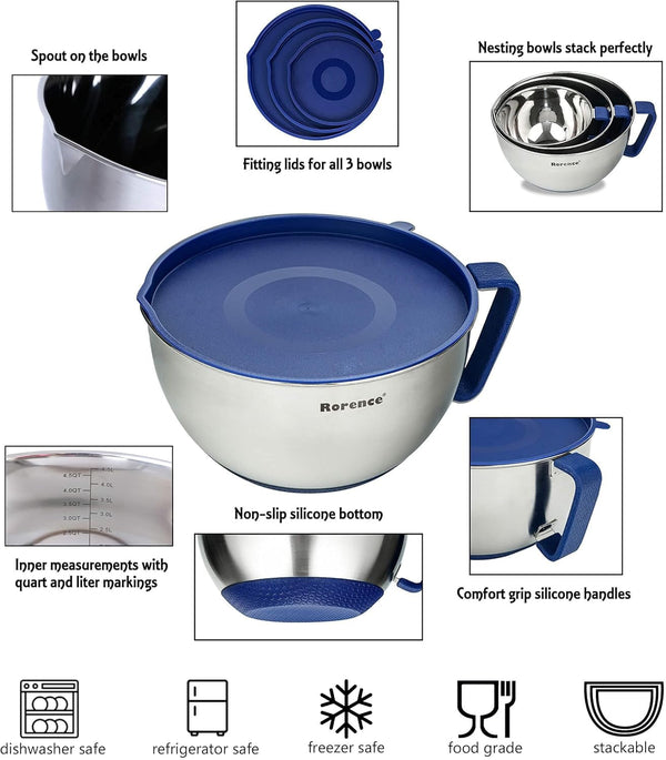 Stainless Steel Mixing Bowls Set with Lids,1.5,3 & 5 Qt,Blue3