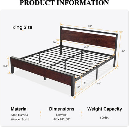 14 Inch King Size Metal Platform Bed Frame with Wooden Headboard and Footboard, Mattress Foundation, No Box Spring Needed, Large under Bed Storage, Mahogany2