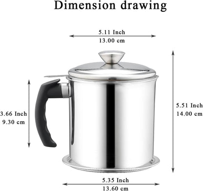 Bacon Grease Container with Strainer, 48 Oz Stainless Steel Oil Container, Pot Fat Storage with Lid, Easy Grip Handle Suitable for Storing Frying Oil and Cooking Grease 1. Silver2
