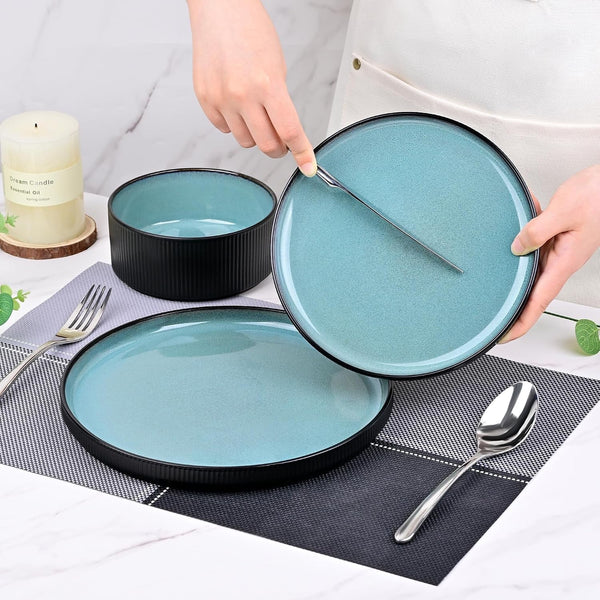 12 Pcs Reactive Glaze Teal Stoneware Dinnerware Sets for 45