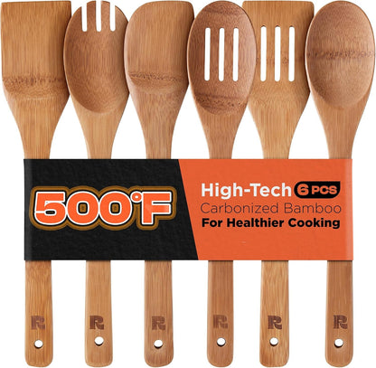 Dark Bamboo Wooden Spoons for Cooking 6-Piece, Apartment Essentials Wood Spatula Spoon Nonstick Kitchen Utensil Set Premium Quality Housewarming Gifts for Everyday Use1