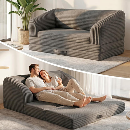 Loveseat 51 Inch, 2-In-1 Convertible Tri-Folding Sofa Bed with Thick Backrest & Carry Handle, Gray Foldable Couch Bed Lounger Sleeper Sofa for Living Room, Guest Room, Soft Corduroy1