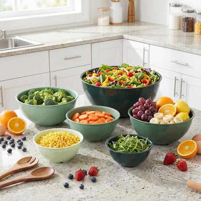 6 Pcs Plastic Mixing Bowl Set with Lids Colorful Serving Bowl Nesting Storage Bowls for Kitchen, Baking, Prepping, Cooking and Serving Food, Dishwasher & Microwave Safe(Green)7