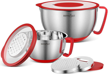 304 Mixing Bowls with Lids Set of 2,Stainless Steel Mixing Bowl with Pour Spout, Non-Slip Handle and Bottoms, 3 Grater Attachments, Measurement Marks & Lid, Size 5QT, 3Qt(Red)1