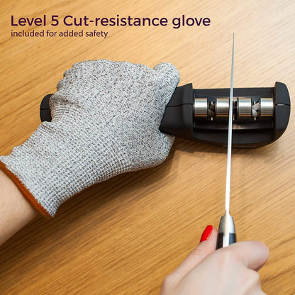 4-In-1 Kitchen Knife Accessories: 3-Stage Knife Sharpener Helps Repair, Restore, Polish Blades and Cut-Resistant Glove (Black)5