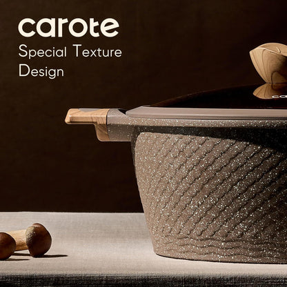 Close-up of Carote granite nonstick pot with special textured design and wooden handle on beige table