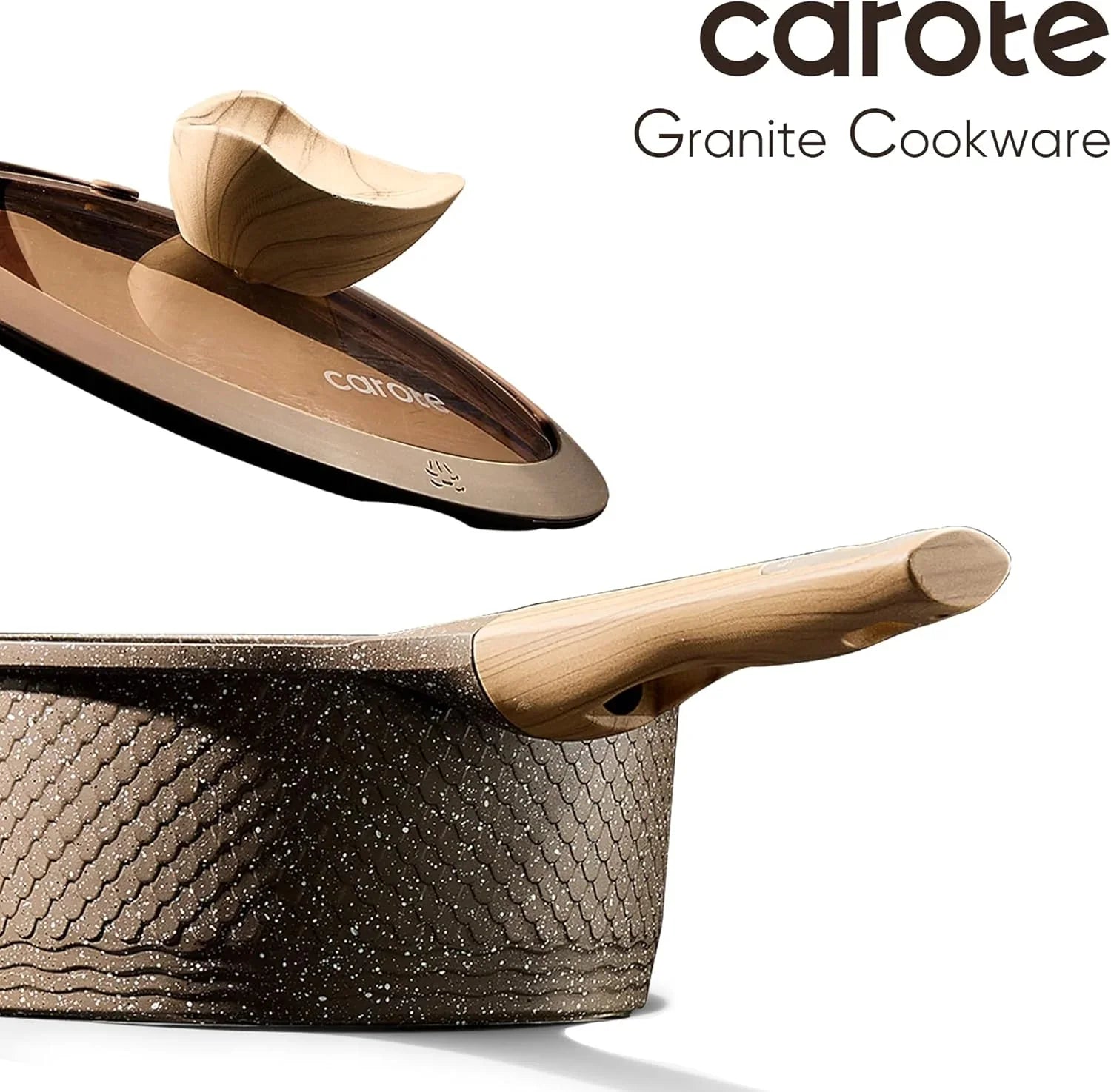 Carote granite cookware with textured brown pot and wood-effect handle with lid