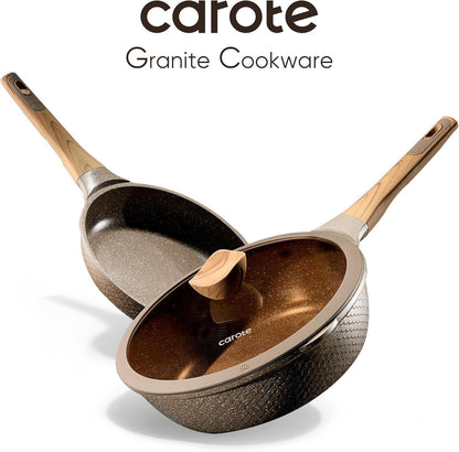 Carote granite cookwares with wood-effect handles, nonstick frying pan and lidded pot