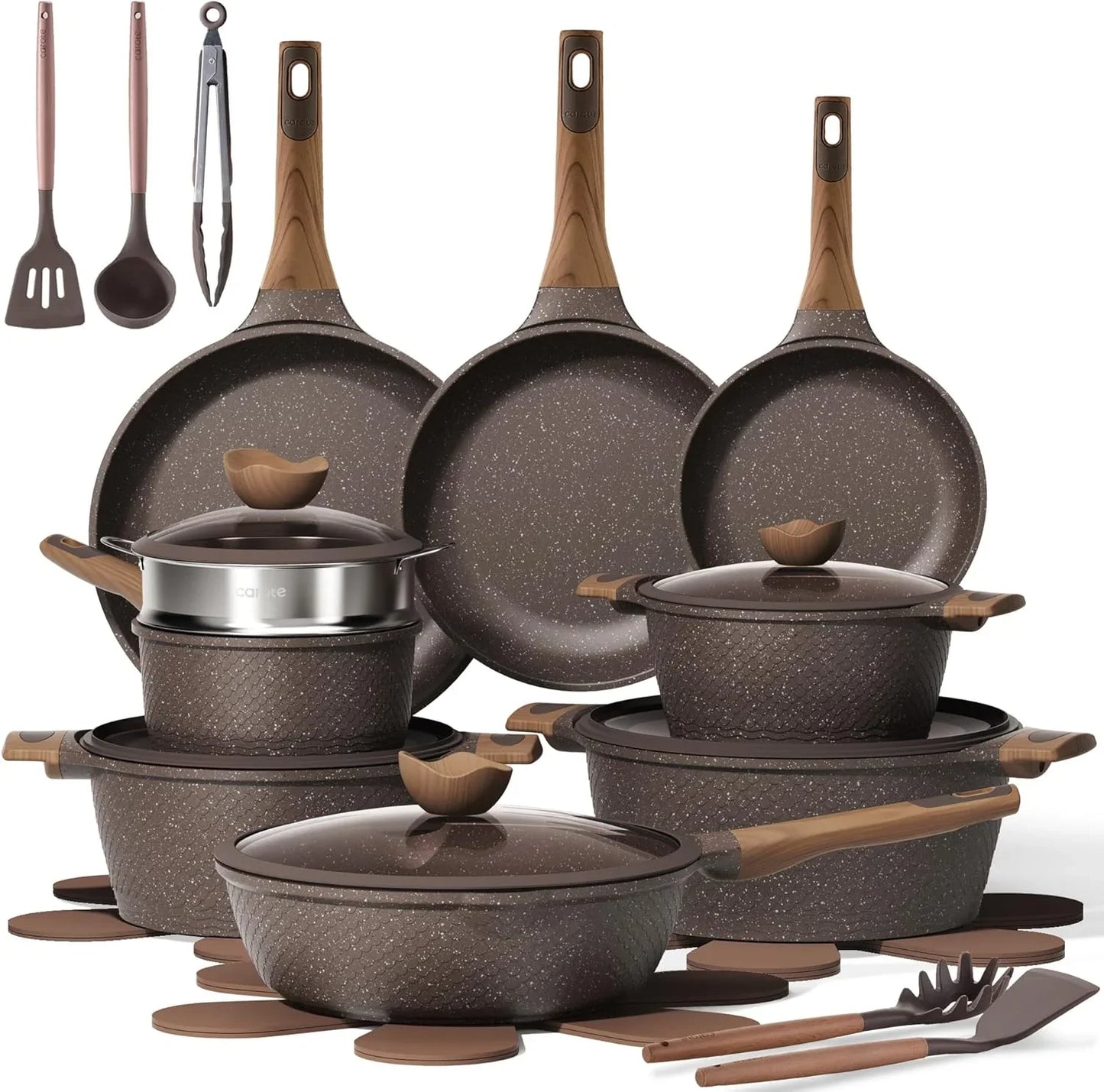 26-piece granite nonstick pots and pans set with wood-look handles and kitchen utensils