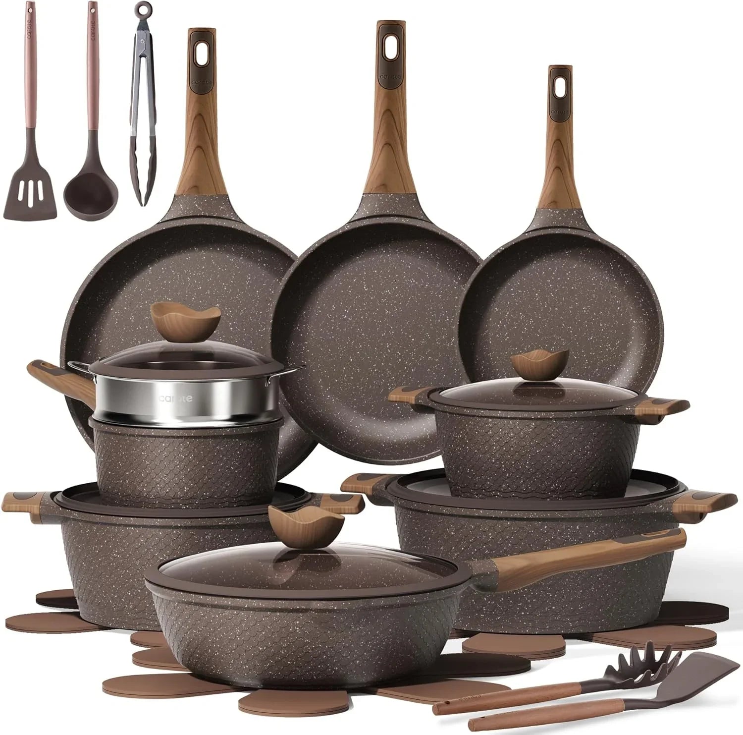 26-piece granite nonstick pots and pans set with wood-look handles and kitchen utensils