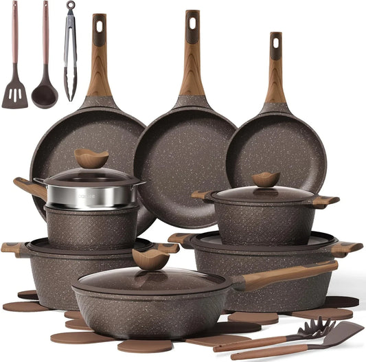 26-piece granite nonstick pots and pans set with wood-look handles and kitchen utensils