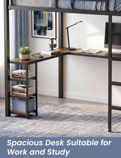 Full Size Loft Bed with Desk, Shelves and Clothes Rack,Black7