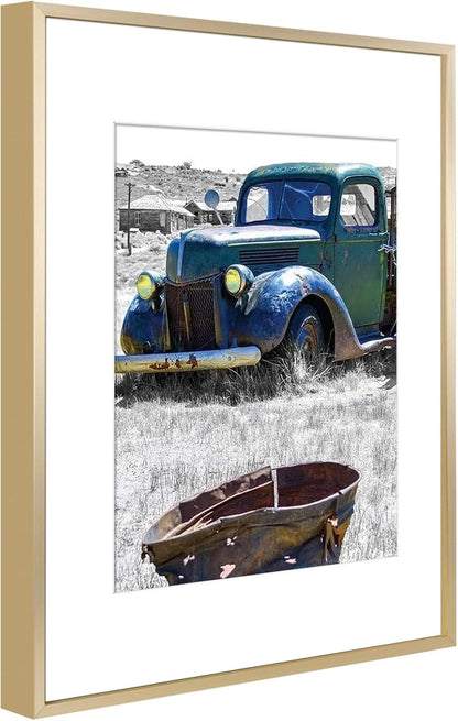 11X14 Gold Aluminum Frame, Real Glass, Mat Fits 8X107