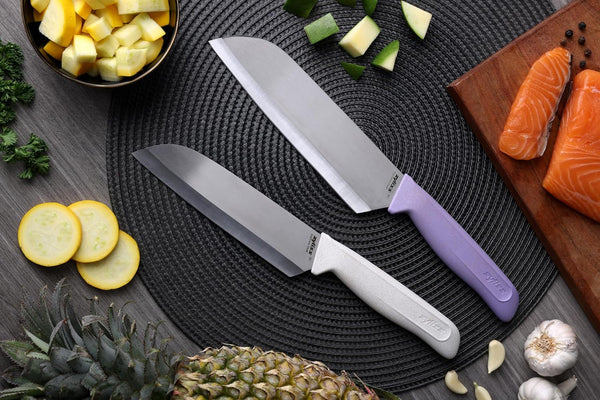 Classic 2 Piece Santoku Knife Set, Stainless Steel 15° Hollow-Ground Blades, Ergonomic Wheat Straw Handles, Finger Guard & Blade Covers, Dishwasher Safe8