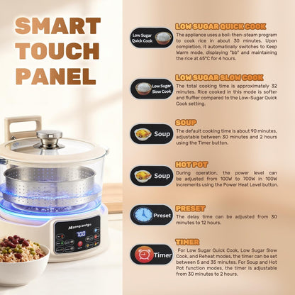 Low Carb Rice Cooker 3L with Auto Lift Filter Basket, Glass Pot | Healthy Low Sugar Rice Maker 700W, Digital Touch Control, 12H Timer & Keep Warm, Steamer for Porridge, Soup, Oats, Grains7