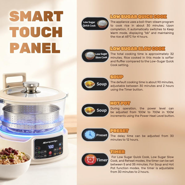 Low Carb Rice Cooker 3L with Auto Lift Filter Basket, Glass Pot | Healthy Low Sugar Rice Maker 700W, Digital Touch Control, 12H Timer & Keep Warm, Steamer for Porridge, Soup, Oats, Grains7