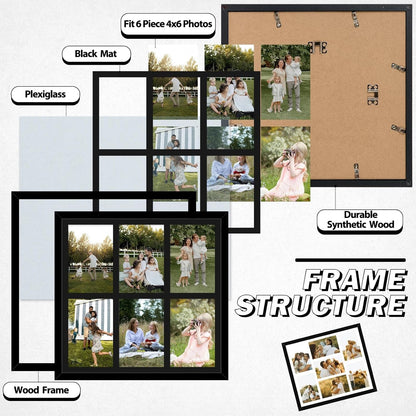4X6 Picture Frame Collage for Wall, Display 6 Pcs 4X6 Photos with Mat or 13X13 without Mat, 6 Opening Photo Frame for 4 X 6 Pictures with Shatter Resistant Plexiglass, Black Mat, Black4