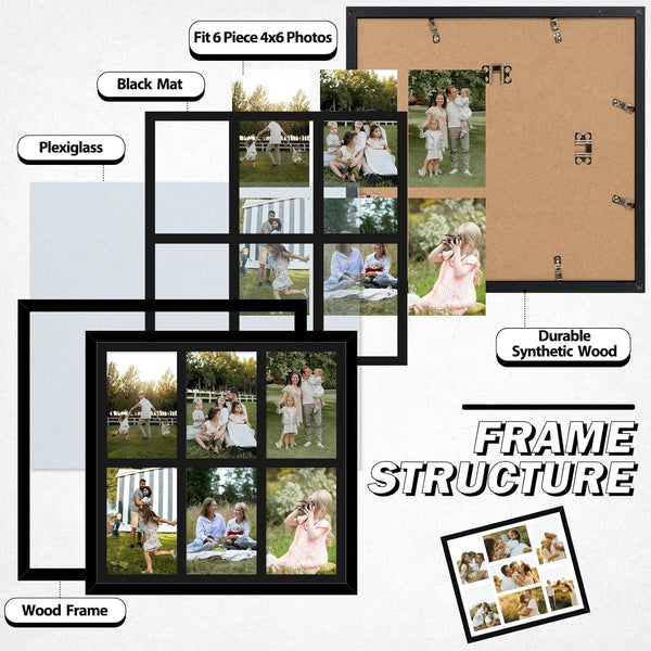 4X6 Picture Frame Collage for Wall, Display 6 Pcs 4X6 Photos with Mat or 13X13 without Mat, 6 Opening Photo Frame for 4 X 6 Pictures with Shatter Resistant Plexiglass, Black Mat, Black4