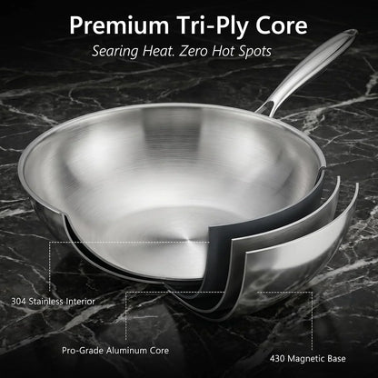 4.2 QT Tri-Ply Stainless Steel Wok Pan with Lid, 12" Flat Bottom Stir Fry Skillet for Asian Cuisine, Premium 18/10 Induction Cookware for 3-4 Servings, Oven Safe3